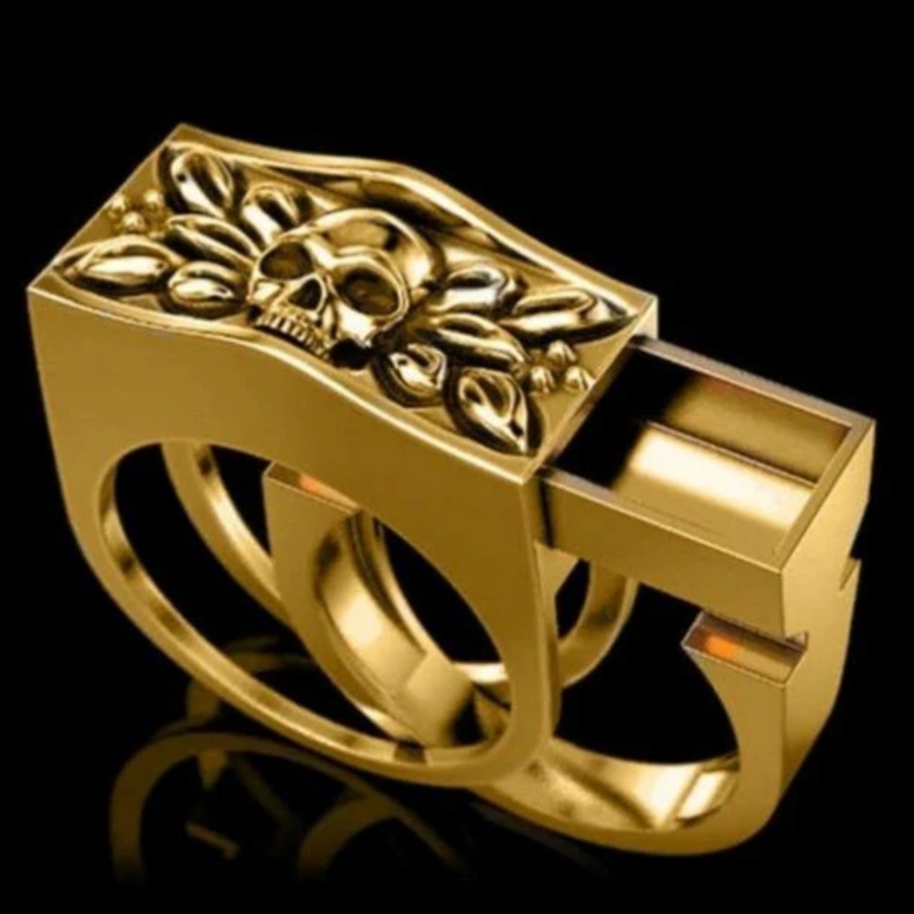 New Men's Gold Skull Poison Ring.